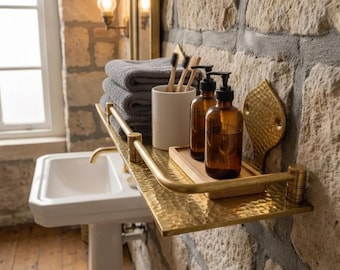 Engraved Brass Bathroom Shelf: Moroccan Handmade Wall Decor, 15 inch