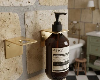 Porta sapone da parete in ottone spazzolato – Supporto moderno color oro per sapone liquido