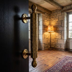 May include: Ornate brass door pull with detailed carvings, mounted on a dark wooden door. The pull features a cylindrical design with decorative elements and circular mounting plates. The door opens into a room with stone walls and a patterned rug.