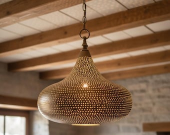 Handmade Moroccan Brass Pendant Light, Teardrop Shadow Casting Lantern, Boho Aged Decor