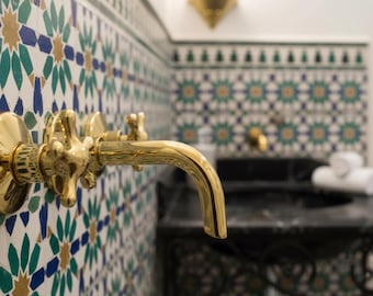 Unlacquered Brass Wall Mount Faucet – Polished Gold Cross Handle Bathroom Sink Tap