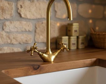 Handcrafted Unlacquered Brass Gooseneck Faucet, Moroccan Bathroom Sink
