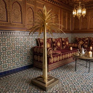 May include: A gold-colored palm tree sculpture stands in a room with ornate Moroccan-style decor. The room features a patterned tile floor, a burgundy sofa with gold accents, and carved wooden wall panels. Candles and a tea set are on a small table.
