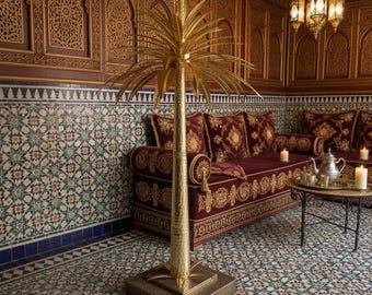 Lámpara de pie con forma de palmera de latón – Estilo Hollywood Regency, iluminación artesanal marroquí