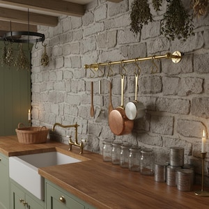 Unlacquered Solid Brass Kitchen Utensil Rail – Wall Mounted Pot Rack with S Hooks