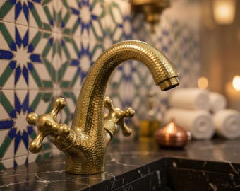 Hand Hammered Unlacquered Brass Swan Neck Faucet, Moroccan Artisanal Cross Handle Sink Tap