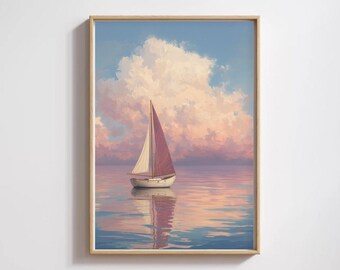 Lámina con pintura al óleo de un velero en el océano rosa, arte mural costero con paisaje marino caprichoso (descarga digital)