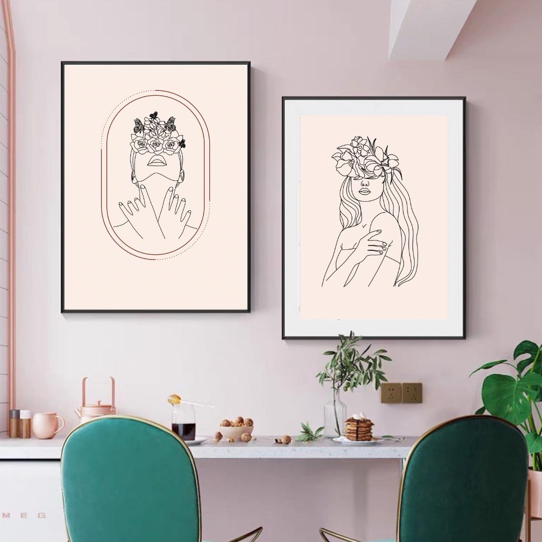 Floral Woman Line Art Prints, Set of 2, Minimalist Rose Silhouette ...
