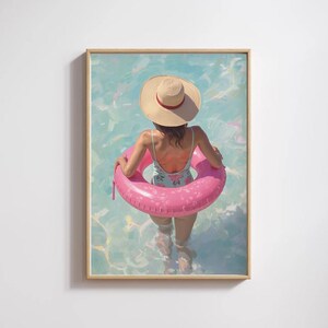 Stampa artistica "Pink Summer Pool" / Quadro con ragazza e cappello di paglia (Download PDF digitale)