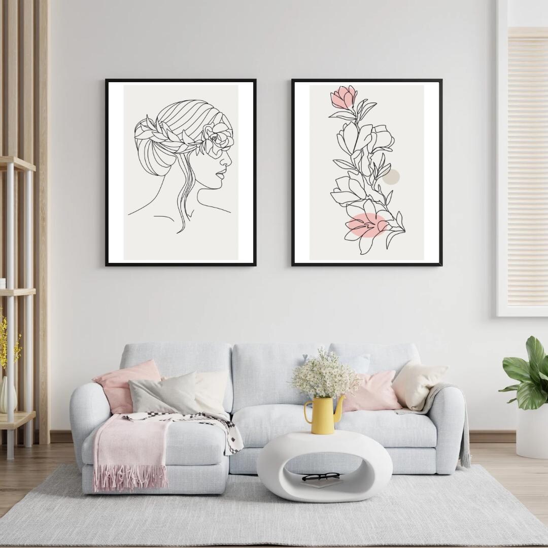 Minimalist Woman and Flowers Line Art Prints, Boho Wall Decor (digital ...
