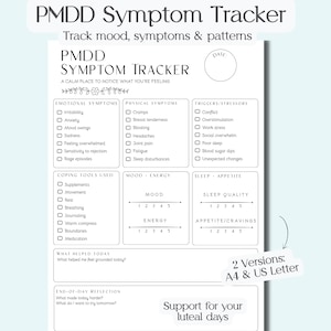 Puede incluir: Un imprimible blanco de seguimiento de síntomas de SPM con secciones para síntomas emocionales y físicos, desencadenantes y herramientas de afrontamiento. Incluye versiones A4 y US Letter.