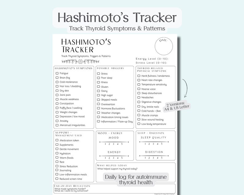 May include: A white printable Hashimoto's Tracker with a light blue background. The tracker includes sections for symptoms, triggers, and support management. It also has a mood and energy scale, and a section for daily reflection. The text "Hashimoto's Tracker" is at the top.