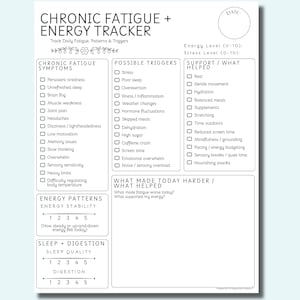 May include: A black and white printable Chronic Fatigue + Energy Tracker. The tracker includes sections for symptoms, possible triggers, support, and energy patterns. It also has sections for sleep, digestion, and daily notes.