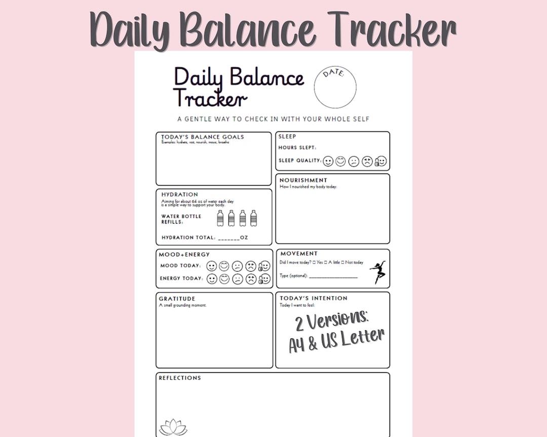 Daily Balance Tracker Printable | Self-care Check-in (PDF) | A4 + US ...