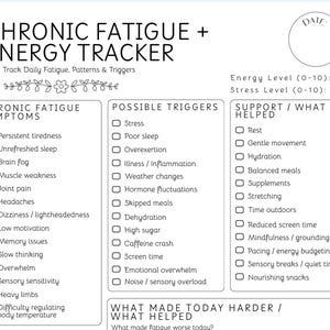 May include: A black and white printable Chronic Fatigue + Energy Tracker. The tracker includes sections for symptoms, possible triggers, and support options. It also has space to track energy and stress levels.