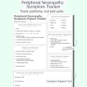 May include: A white Peripheral Neuropathy Symptom Pattern Tracker document with black text. Sections include Daily Pain & Sensation Log, Location of Symptoms, Triggers & Patterns, Relief & Comfort Measures, Daily Function Impact, and Notes for the Next Appointment. Includes 2 versions: A4 & US Letter.