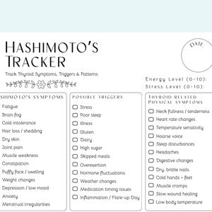 May include: A white printable Hashimoto's Tracker with black text. The tracker includes sections for symptoms, triggers, and physical symptoms, with a space to record the date. It is designed to help track thyroid health.