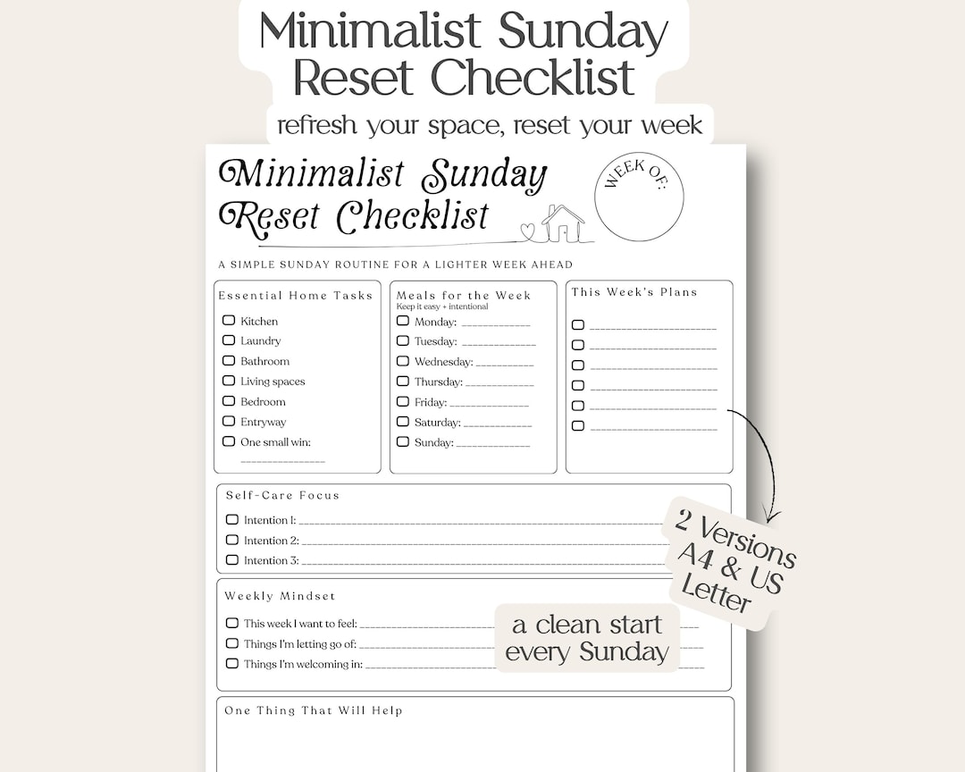 Sunday Reset Checklist.pdf Minimalist Sunday Reset Checklist | Weekly Reset Planner | Simple Home ...