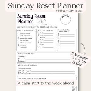 Sunday Reset Planner | Weekly Reset Template for Home, Meals, Mindset & Self‑Care | Minimal Weekly Planner Printable | A4 + US Letter