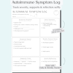 Peut inclure: Un modèle de journal des symptômes auto-immuns sur papier blanc avec du texte noir. Les sections incluent Symptom Snapshot, Daily Summary, Symptom Impact, Weekly Pattern Notes, Supports Tried et Gentle Reflection. Indique 2 versions : A4 et US Letter.