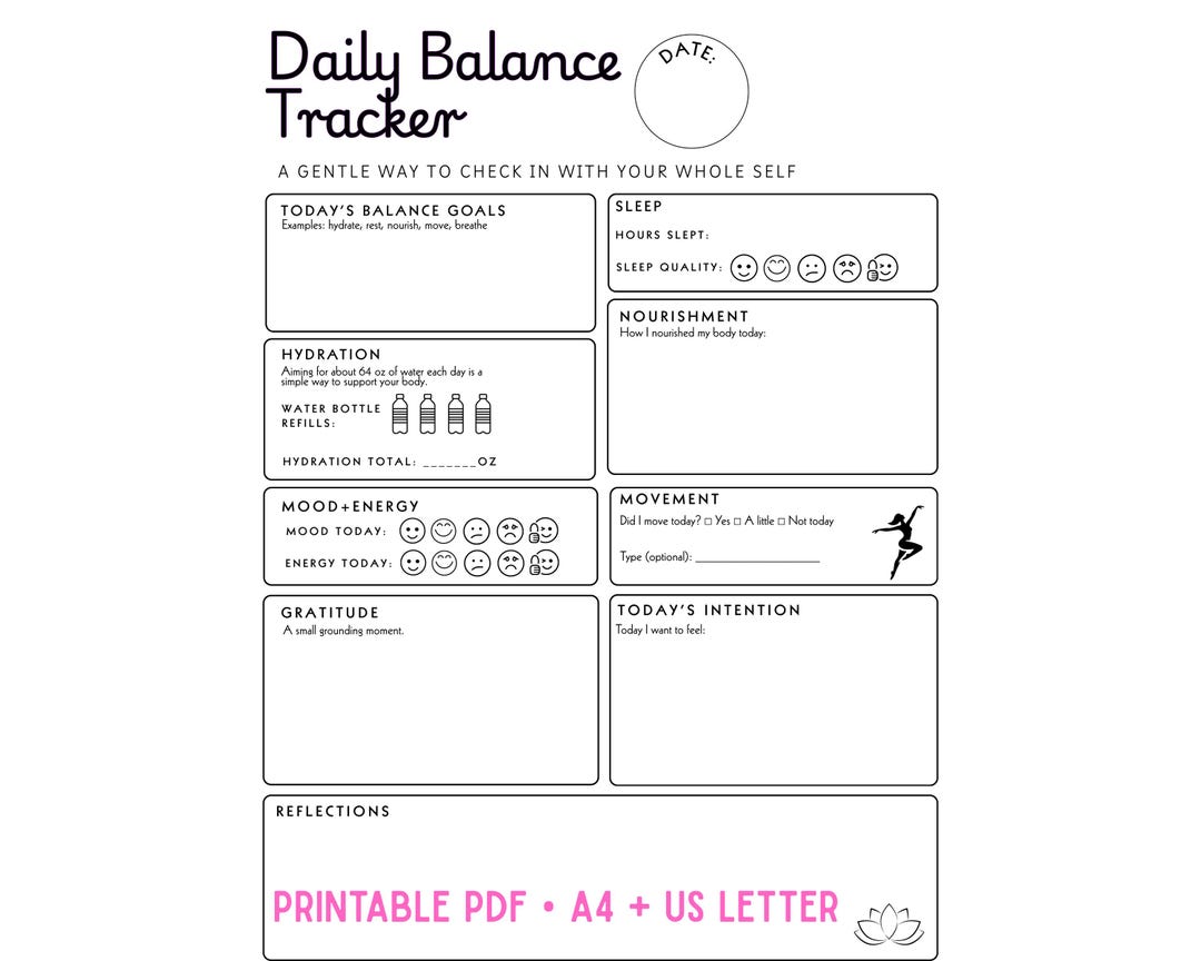 Daily Balance Tracker Printable | Self-care Check-in (PDF) | A4 + US ...
