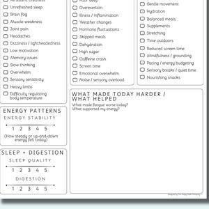 May include: A white, printed planner page with checkboxes and sections for tracking health and energy levels. Includes lists for symptoms, potential causes, and helpful habits. Features a rating scale for energy stability, sleep quality, and digestion.