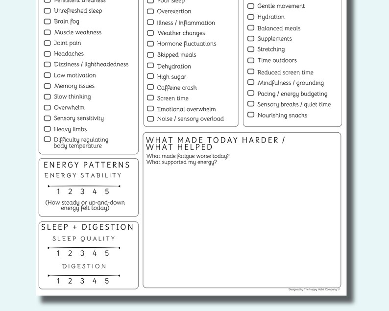 May include: A white, printed planner page with checkboxes and sections for tracking health and energy levels. Includes lists for symptoms, potential causes, and helpful habits. Features a rating scale for energy stability, sleep quality, and digestion.