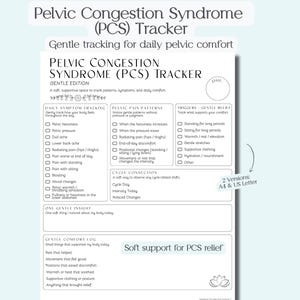 May include: A white and light blue printable tracker for Pelvic Congestion Syndrome (PCS). The tracker includes sections for daily symptom tracking, pain patterns, triggers, and gentle relief. It is available in A4 and US Letter sizes.