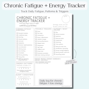 May include: A printable Chronic Fatigue + Energy Tracker, designed to monitor daily fatigue, patterns, and triggers. The tracker includes sections for symptoms, possible triggers, and support. It also has space to log energy levels, sleep quality, and digestion.