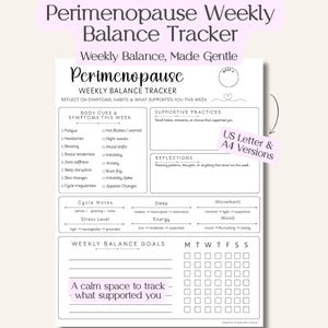 Puede incluir: Un rastreador semanal de equilibrio de la perimenopausia blanco con el texto "Perimenopause Weekly Balance Tracker" en una fuente púrpura suave. El rastreador incluye secciones para síntomas, prácticas, reflexiones y objetivos.