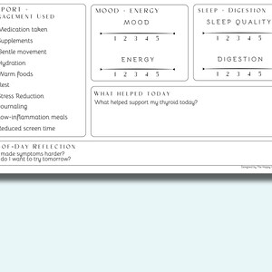 May include: A white, minimalist daily health journal with sections for tracking mood, energy, sleep, and digestion. Includes prompts for support management, end-of-day reflection, and what helped support thyroid health. The Happy Habit Company is printed at the bottom.