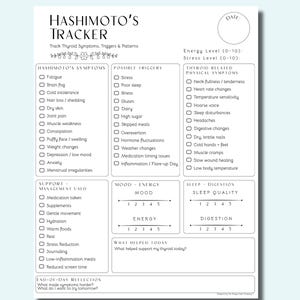 May include: A white printable Hashimoto's Tracker sheet with black text. The tracker includes sections for symptoms, triggers, and thyroid-related physical symptoms. It also has sections for mood, energy, sleep, and digestion.