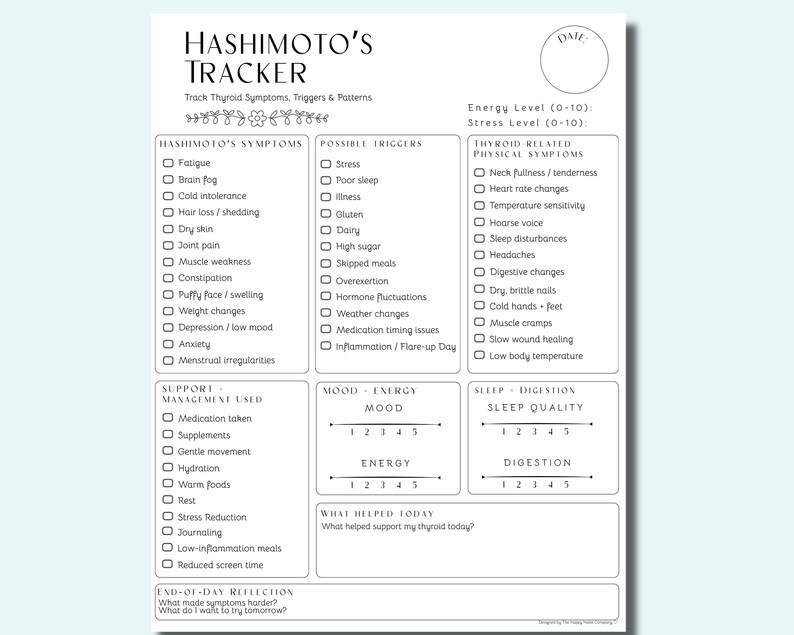 May include: A white printable Hashimoto's Tracker sheet with black text. The tracker includes sections for symptoms, triggers, and thyroid-related physical symptoms. It also has sections for mood, energy, sleep, and digestion.