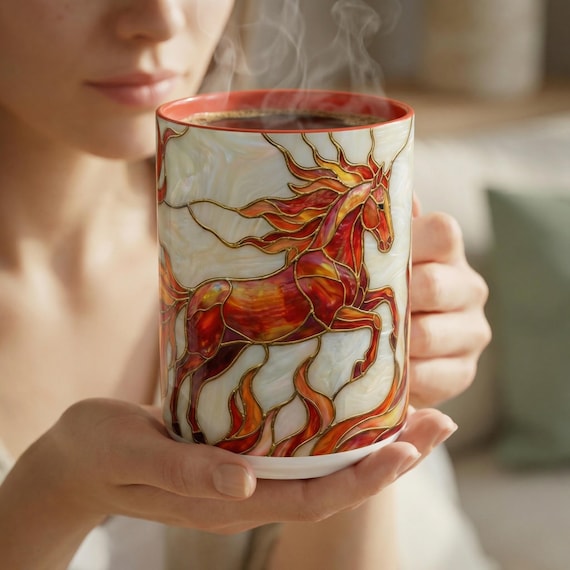 Fire Horse Mug, Stained Glass Style Coffee Cup, Fantasy Flame Pony Ceramic Drinkware