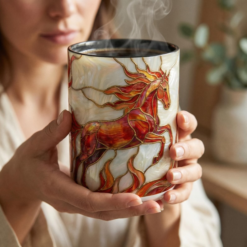 以下が含まれることがあります： 赤、オレンジ、ゴールドの色合いで描かれたステンドグラス風の馬の模様が特徴の円筒形セラミックマグカップ。背景はパールホワイトで、カップには暗い液体が入っており、上部から蒸気が立ち上っているのが見えます。