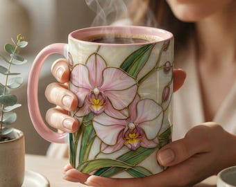 Pink Orchid Stained Glass Mug, Floral Botanical Coffee Cup, Garden Lover Ceramic Drinkware