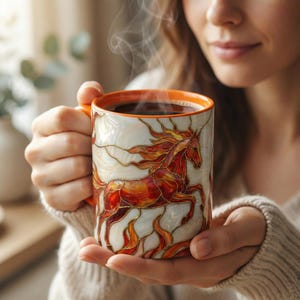以下が含まれることがあります： クリーム色の背景に、赤、オレンジ、ゴールドの色合いで流れるようなたてがみを持つ馬が描かれた、ステンドグラス風のイラスト入りセラミックマグカップ。マグカップの内側の縁は鮮やかなオレンジ色で、持ち手も同色のオレンジです。