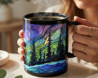 ステンドグラスの森のマグカップ、オーロラのコーヒーカップ、オーロラの風景のドリンクウェア