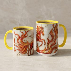 炎の馬マグカップ、ステンドグラス風コーヒーカップ、ファンタジー炎のポニーセラミック製ドリンクウェア Yellow