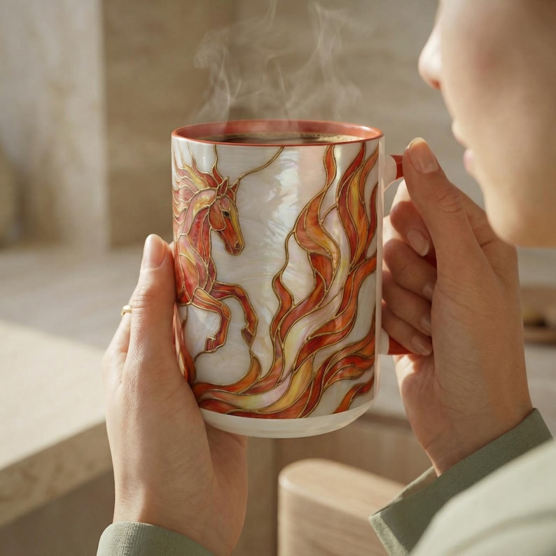 炎の馬マグカップ、ステンドグラス風コーヒーカップ、ファンタジー炎のポニーセラミック製ドリンクウェア 画像 12