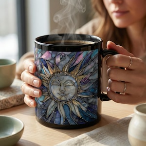Sol och måne målat glasmugg, Celestial Art Astrologimugg