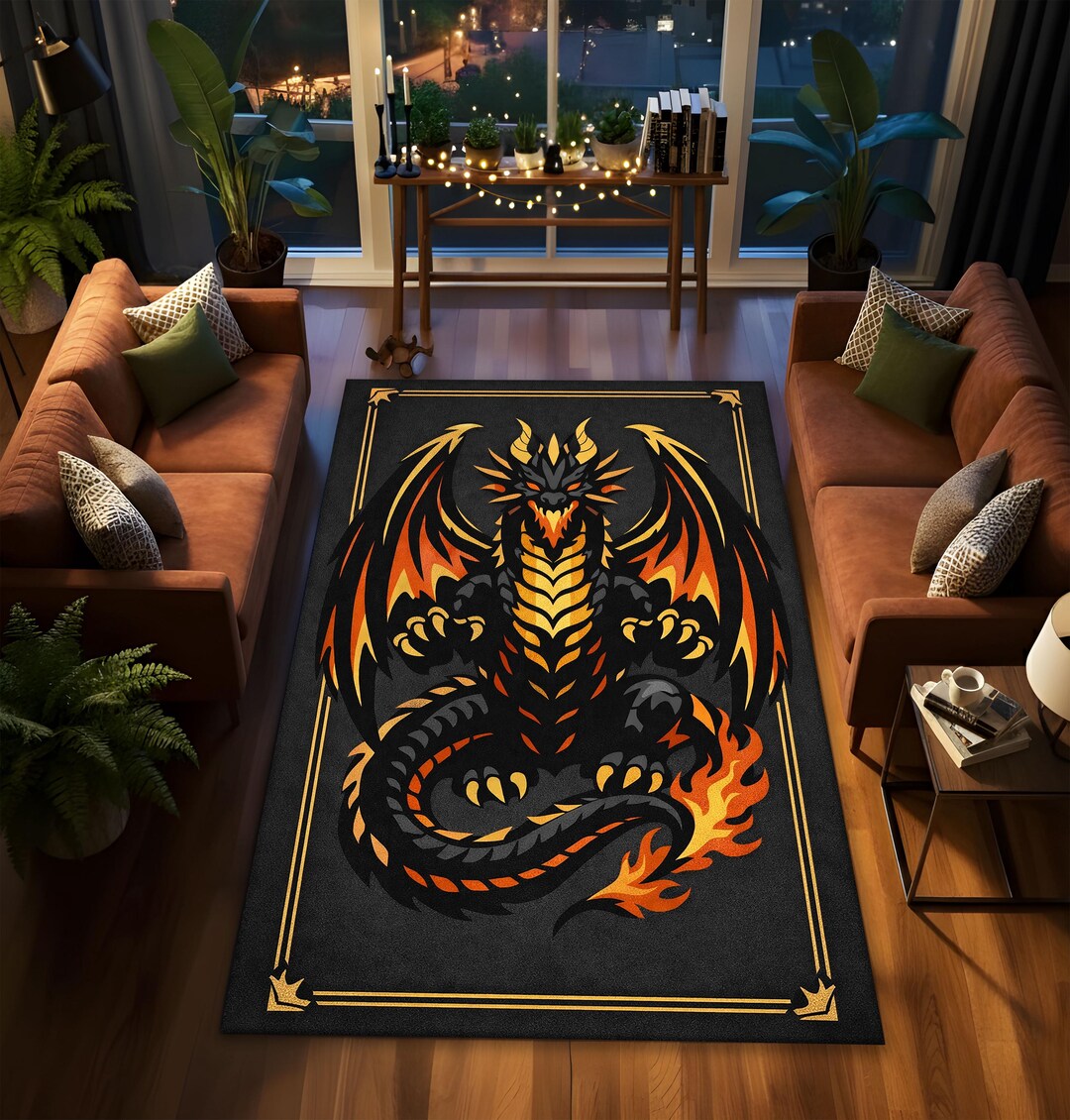 Dragor Rug Gothic Dragon Rug, Black Fire Dragon Fantasy Design, Medieval Mythical ...