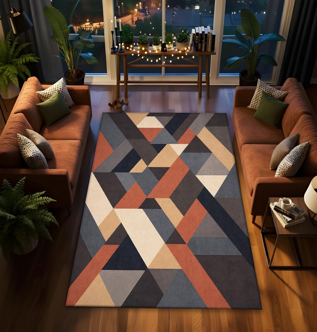Jigsaw Abstract Block Pattern Rug Mid Century Modern Geometric Rug, Earth Tone Abstract Block Pattern ...