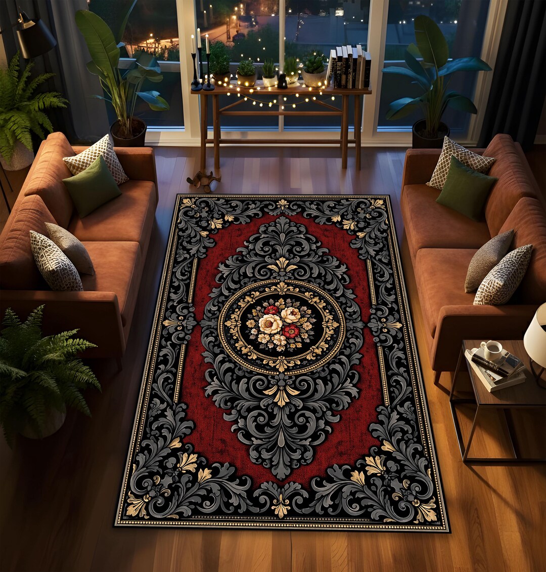 Victorian Baroque Floral Rug, Ornate Black Gold Medallion on Deep Red ...
