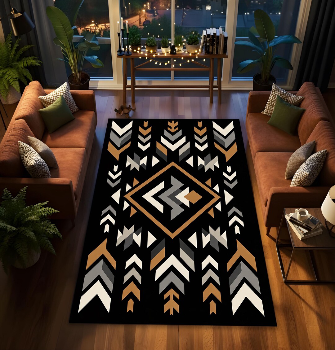 Modern Southwestern Arrow Rug, Tribal Diamond Geometric Pattern Black ...