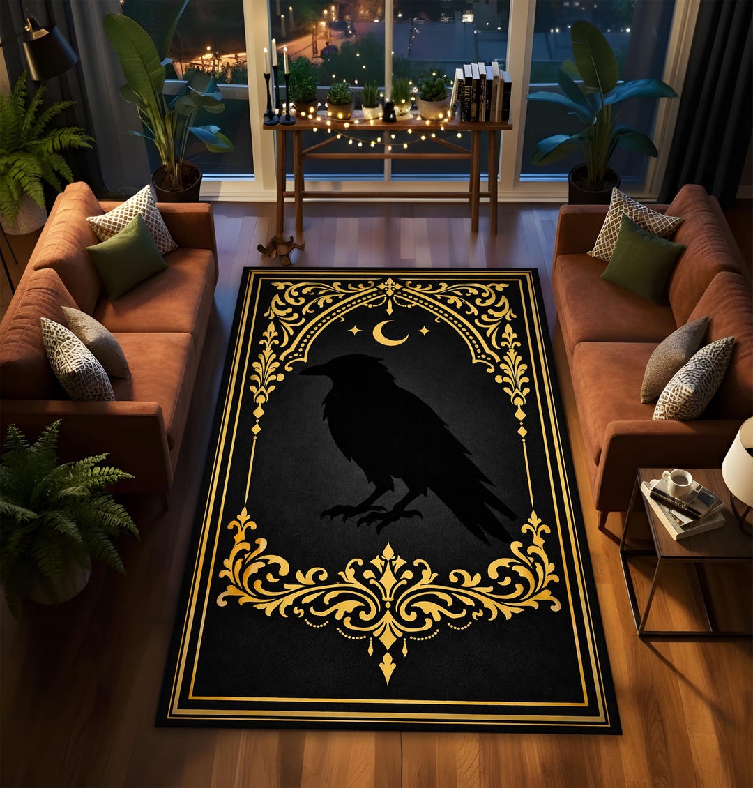 Goth Rug Background Gothic Raven Silhouette Rug, Black Gold Baroque Frame Design, Dark ...