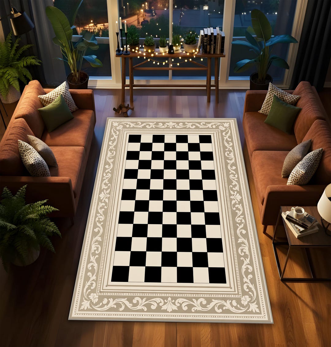 Chess Board Pattern Rug Vintage Baroque Checkerboard Rug, Classic Ornamental Border Design ...
