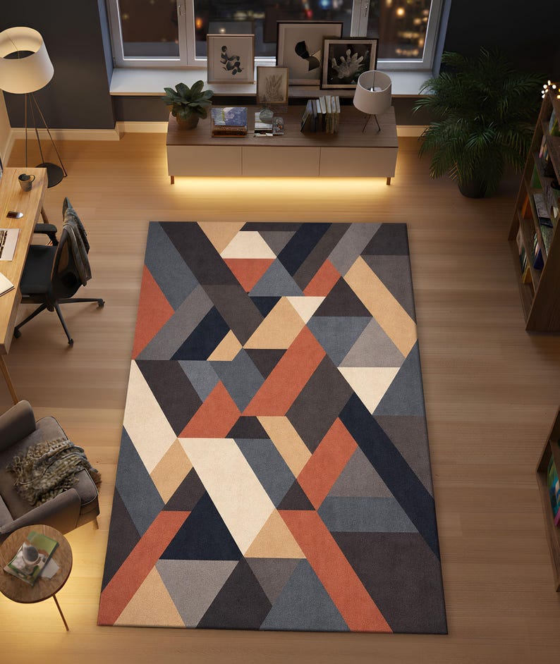 Jigsaw Abstract Block Pattern Rug Mid Century Modern Geometric Rug, Earth Tone Abstract Block Pattern ...