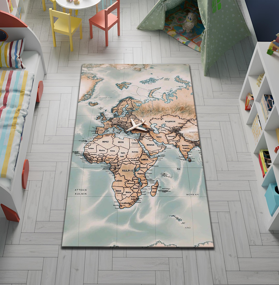 Vintage World Map Kids Rug, Educational Geography Playroom Carpet ...