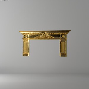 May include: A gold-colored fireplace mantel with ornate carvings and a rectangular design. The mantel features a decorative top and two vertical supports, creating a classic and elegant look. The overall design is symmetrical.